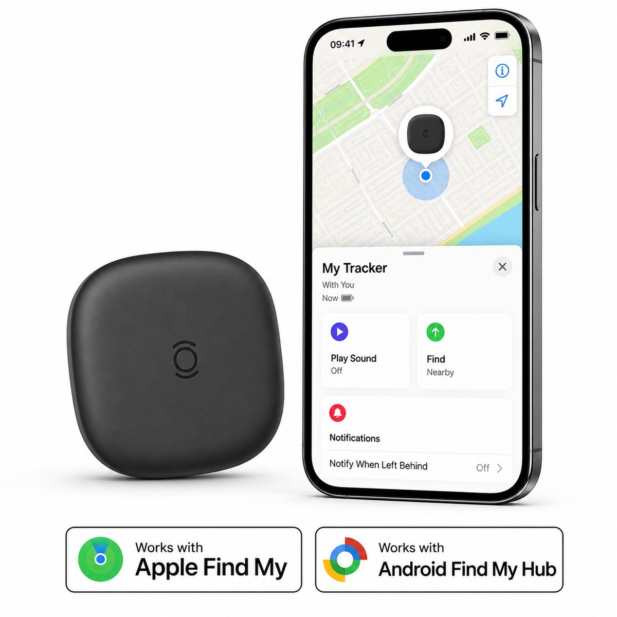GPS Tracker - Werkt met Apple Find My & Android Find My Device - Smarttag - Locatie Tracker - Real-time Locatie Volgsysteem- Zonder abonnement - Sleutelvinder/Keyfinder - Sleutels, Fiets, Auto, Kat, Hond & Kind - Zwart