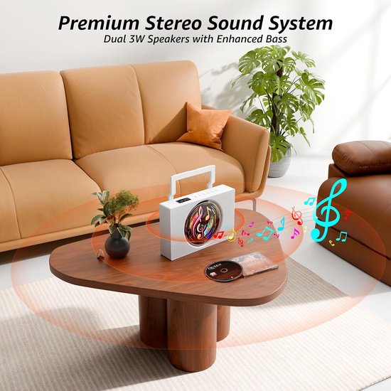 Draagbare cd-speler met Bluetooth - Oplaadbare cd-speler met FM-radio, USB, AUX en afstandsbediening - Stereogeluidssysteem met 4000 mAh-batterij - Ondersteunt cd/cd-r/cd-rw/mp3/wma（Wit） — afbeelding 3