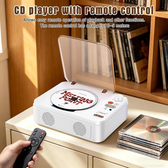 Draagbare cd-speler met Bluetooth, 2600mAh-batterij, USB- en AUX-ingang, twee 3W-luidsprekers en afstandsbediening - ideaal voor senioren, een nostalgisch cadeau of voor een thuisfeestje (wit) — afbeelding 5