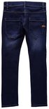 Donkerblauwe jeans van Name It, achterkant met twee steekzakken en een bruin label.