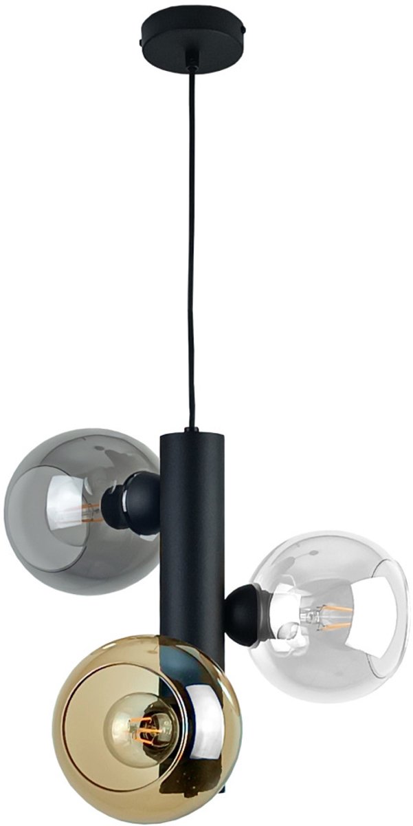 KETER LIGHTING Tube Black Mix Hanglamp 3xE27 – Zwart Metaal & Mix van Glazen Lampenkappen