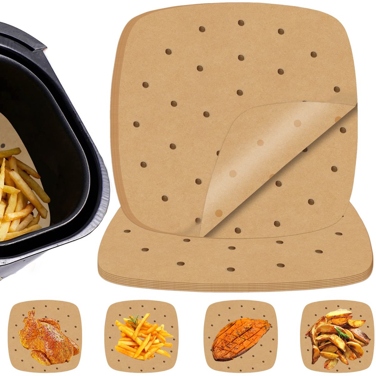 Airfryer Bakpapier met Gaten 200 Stuks – Vierkant Ongebleekt Parchmentpapier 8,5 Inch – Wegwerp Airfryer Inzetstukken voor Bakken en Stomen