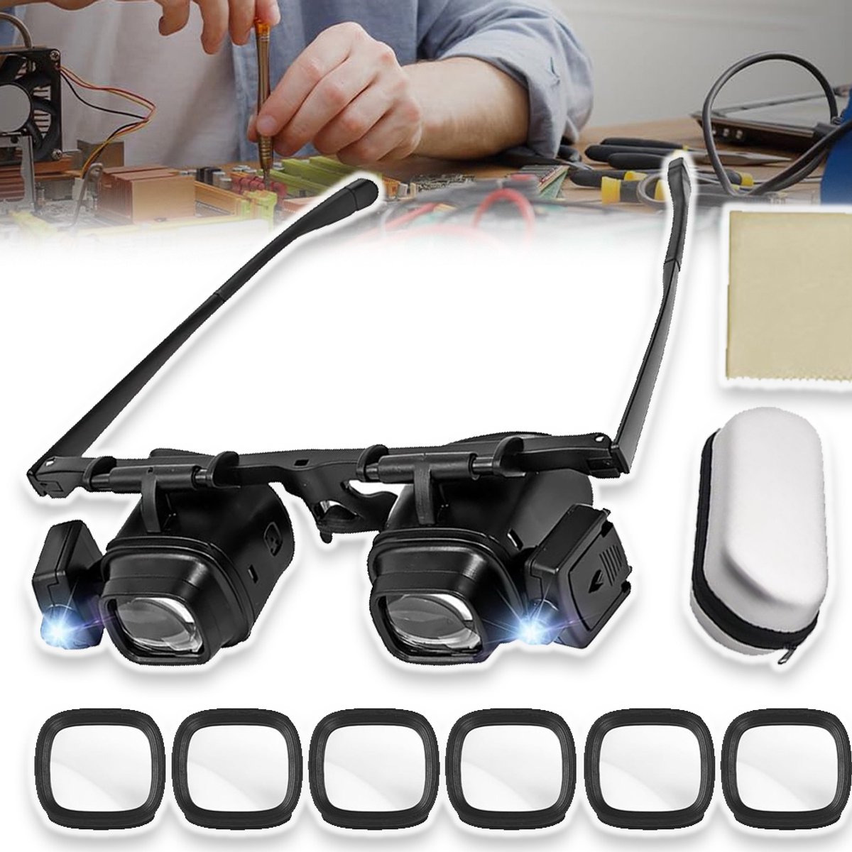 Vergrootglazen Met 2 LED-Lampjes - Hoofdvergrootglas - Verwisselbare Lenzen 2x, 6x, 10x En 24x - Hoofdvergrootglas - Horlogemakersvergrootglas Voor Het Lezen Van Werkstukken Juwelierswerk Vissen En Voor Ouderen