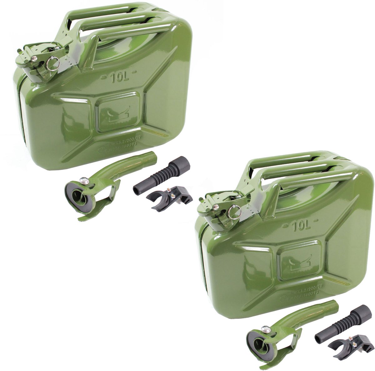 TRUTZHOLM 2x Metalen Benzine Jerrycan 10L - Olijfgroen - Met UN-Goedkeuring - Inclusief 2x Flexibele Schenktuit en Houder