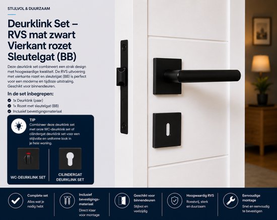 Matzwarte vierkante deurklink met rozet op witte deur, met productinformatie.