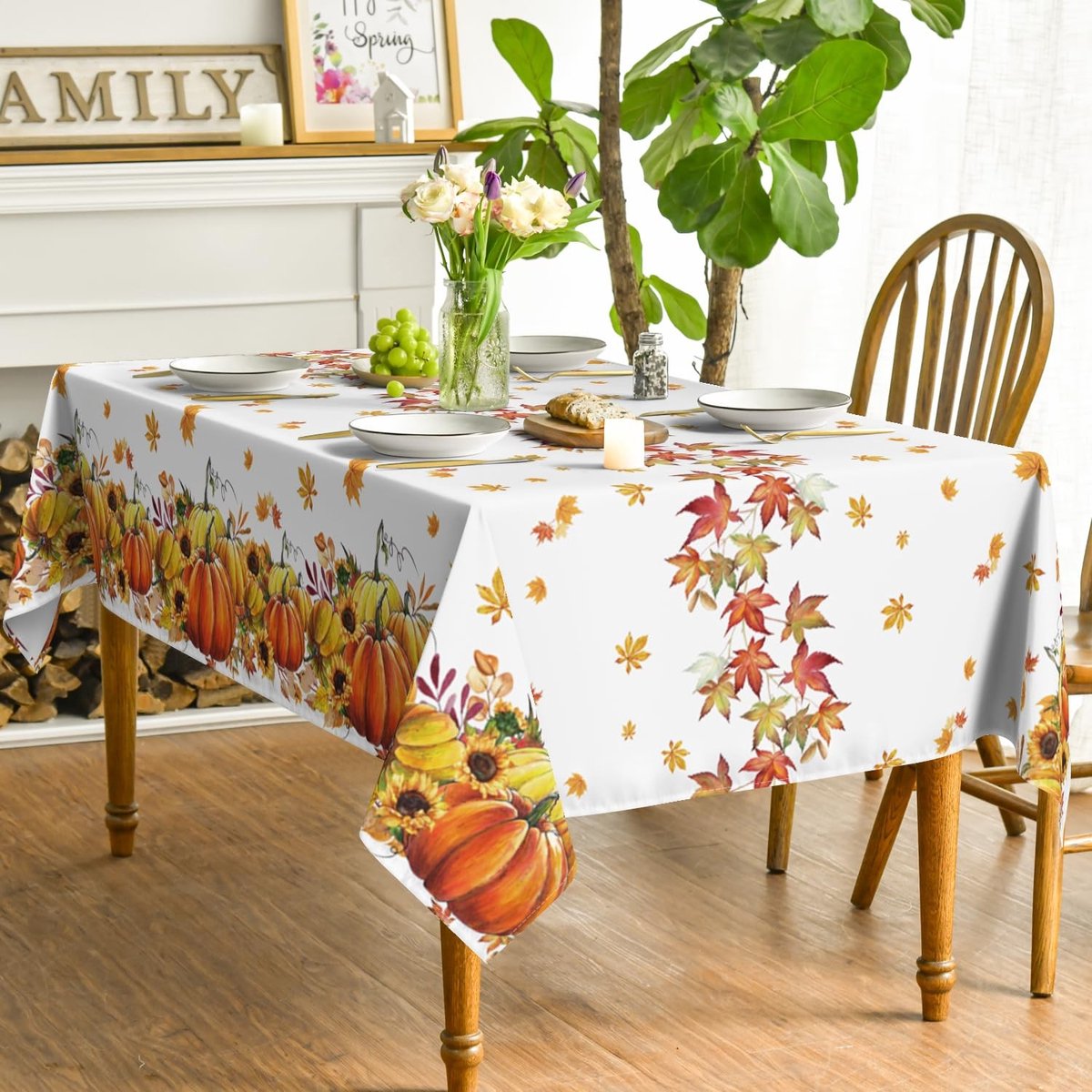Dailygoody - Tafelkleed - Pompoenen en esdoornbladeren - Unieke rustieke look - 140 x 110 cm - Vlekbescherming - Herfst decoratie - Geschikt voor fees...