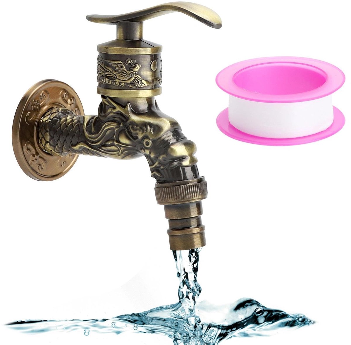 Dailygoody - Vintage waterkraan - Antieke drakendesign - Robuuste zinklegering - Messinglook - Buitenkraan - Geschikt voor tuin - 1/2 inch