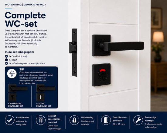 Slotman Solutions Deurklink WC – RVS – Mat Zwart – Vierkante Rozet – Toiletsluiting – Deurbeslag Set