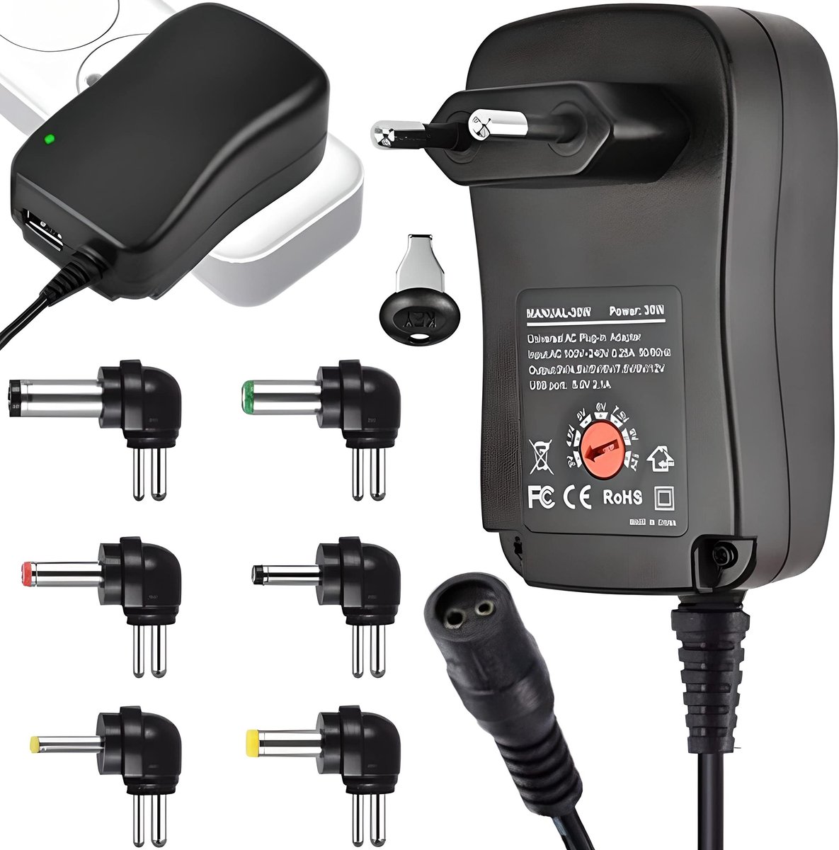 Dailygoody - Universele voeding - 12V adapter - Regelbare spanning - Compact formaat - Voor ledstrips en huishoudelijke apparaten - 6 afneembare stekk...
