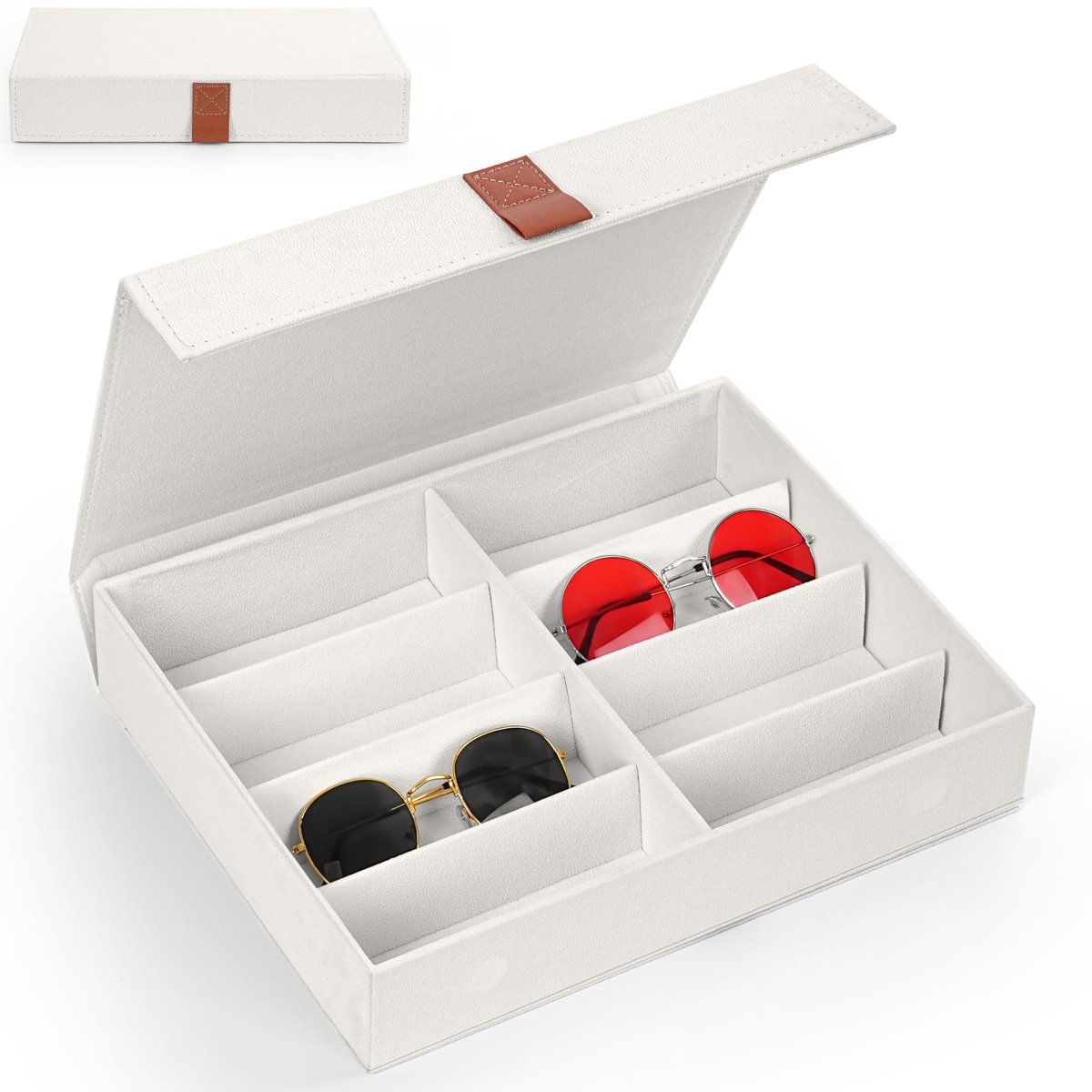 Dailygoody - Opbergdoos voor bril - Zonnebrilhouder - Elegante stofbescherming - Ivoor - Inklapbaar deksel - 8 vakken - Geschikt voor volwassene - Ivo.