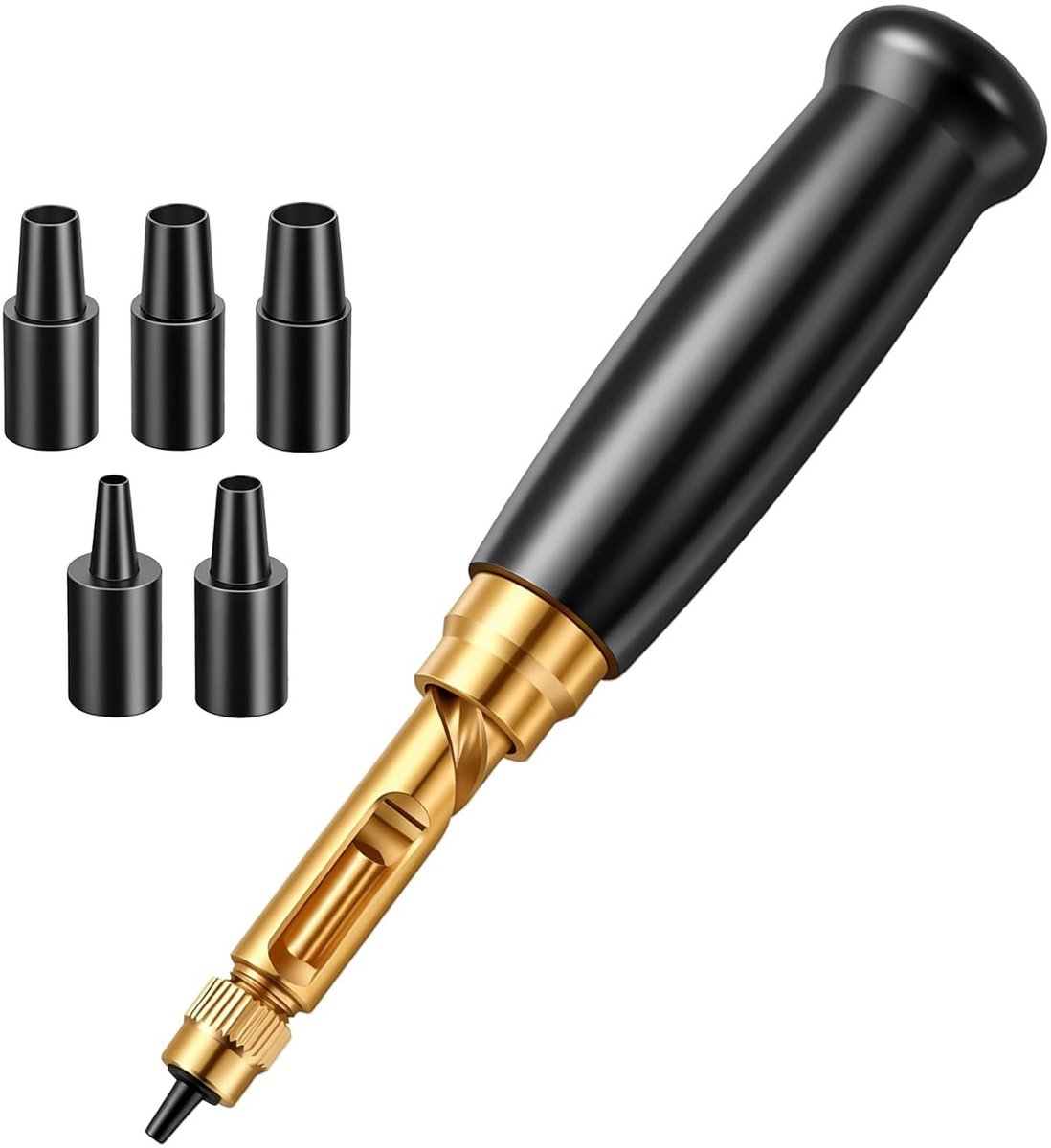Verstelbare schroefpons met één gat, automatisch perforatiegereedschap voor textiel, bindgereedschap met zwarte houten handgreep, leerpons, met 6 perforatiekoppen (maten 1,5 mm/2 mm/2,5 mm/3 mm/3,5 mm/4 mm).