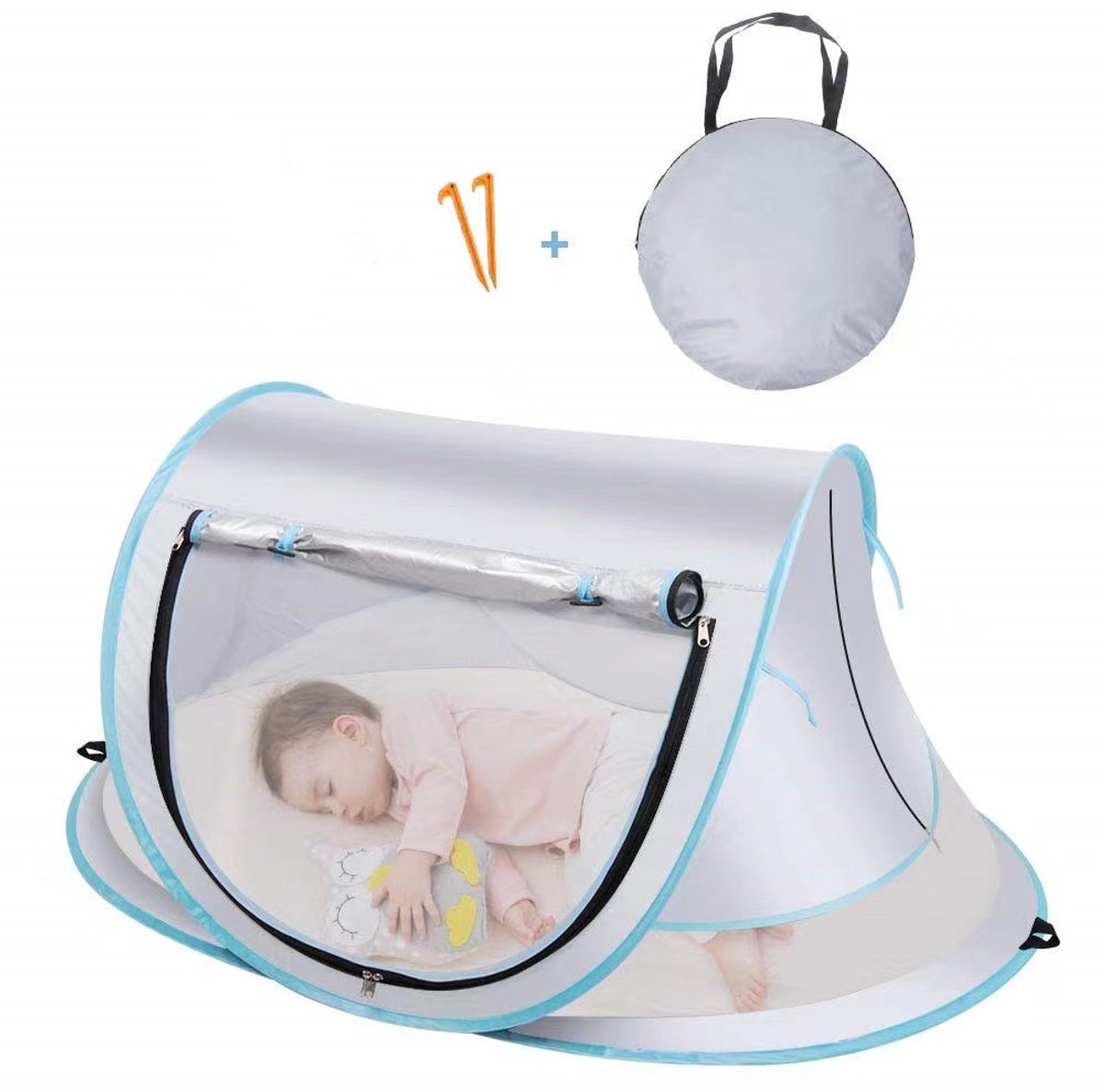 Een babystrandtent - Snel op te zetten - 110×70×50 cm - Ademend en opvouwbaar - Zonnescherm - Lichtgewicht en draagbare schaduwplek voor strand, tuin en buitenactiviteiten - Lichtgrijs met meerblauw