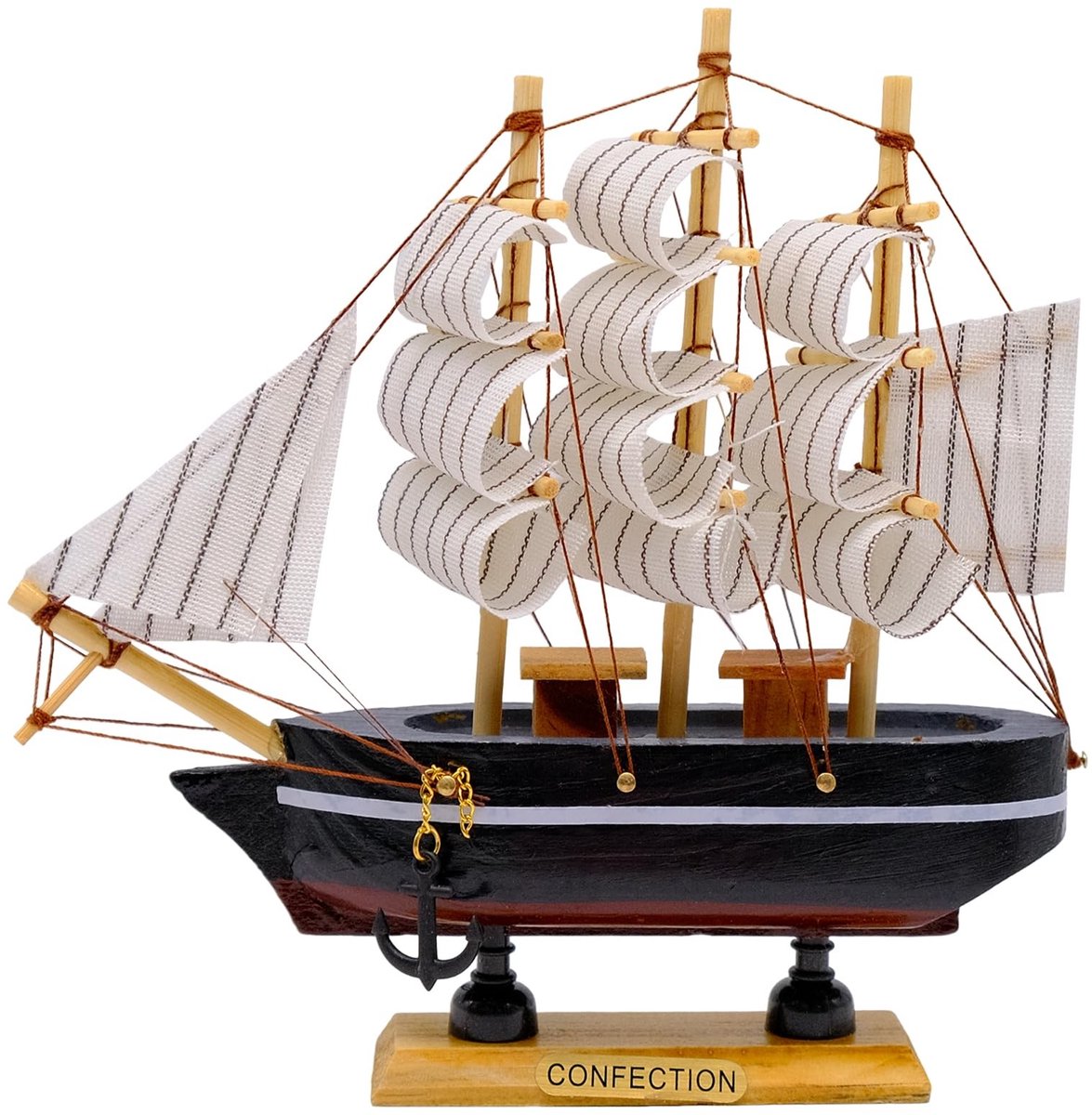 Dailygoods - Dailygoody - Mediterraan zeilschip model - Houten zeilboot - Vintage decoratie - Rood en zwart - Perfect voor woonkamer en kantoor - 16 cm