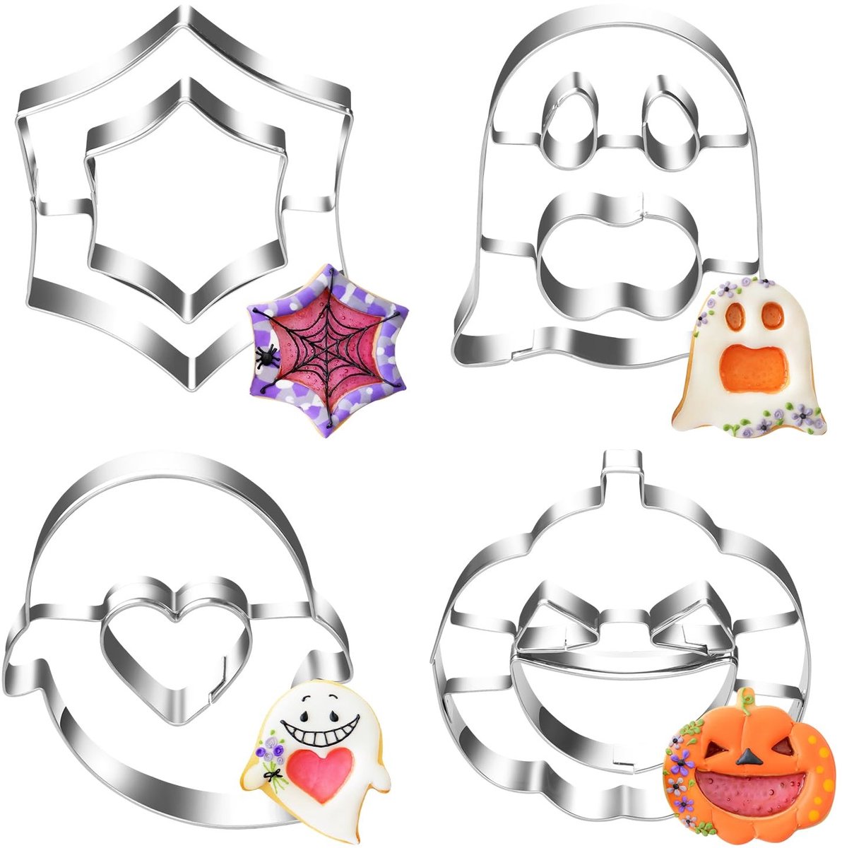 Dailygoods - Dailygoody - Halloween koekjessnijders - 4 stuks - Roestvrij staal - Pompoen en geest - Perfect voor Halloween-feestjes - Zilveren koekjesuitstee