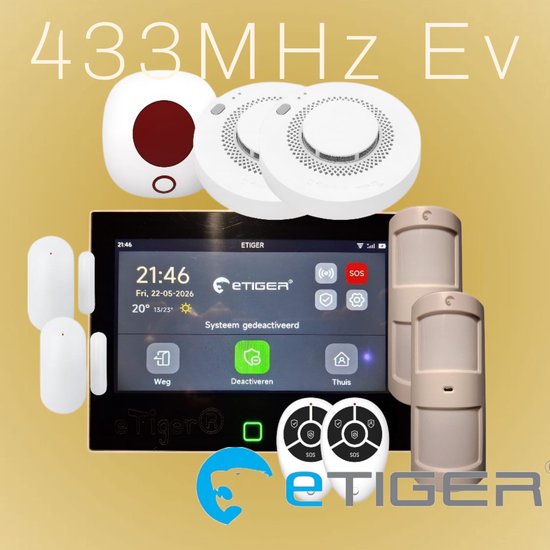 eTiger XL7 alarmcentrale met touchscreen, 2 rookmelders, 2 bewegingsmelders en 2 deursensoren. Systeem gedeactiveerd.