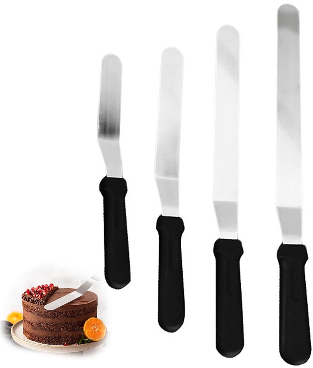 TOVBMUP Paletmessenset - Spatelset - Glazuurspatel - Glaceermes - Pannenkoekenspatel - Cake spatel - Gebakspatel - RVS - Zwart - Set van 4