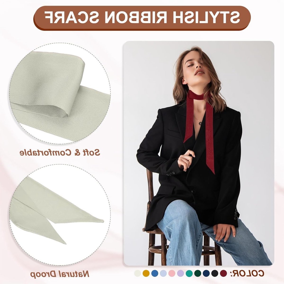 Stijlvolle Ribbonsjaal voor Vrouwen, Effen Kleur, Dunne Sjaal, Zijde Neckerchief, Haaraccessoire en Hoofdband