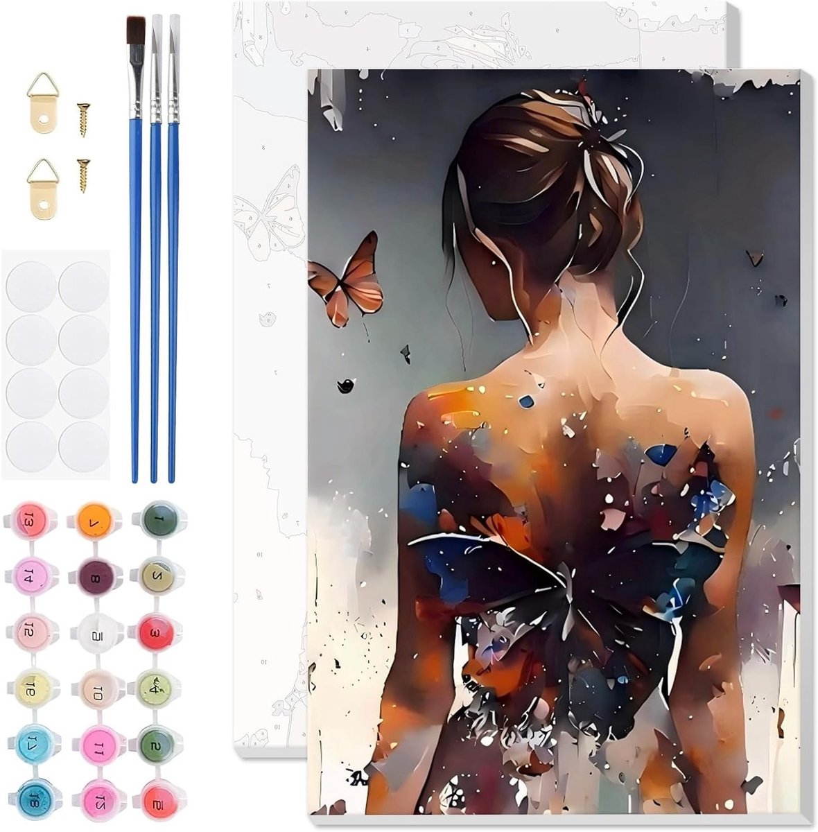 Schilderen op Nummer voor Meisjes met Vlinder, Schilderset met Penseel en Acrylverf voor Wanddecoratie, Cadeau, 20 x 30 cm, Creatieve Activiteit, Kunstzinnig Project, Ontspanning