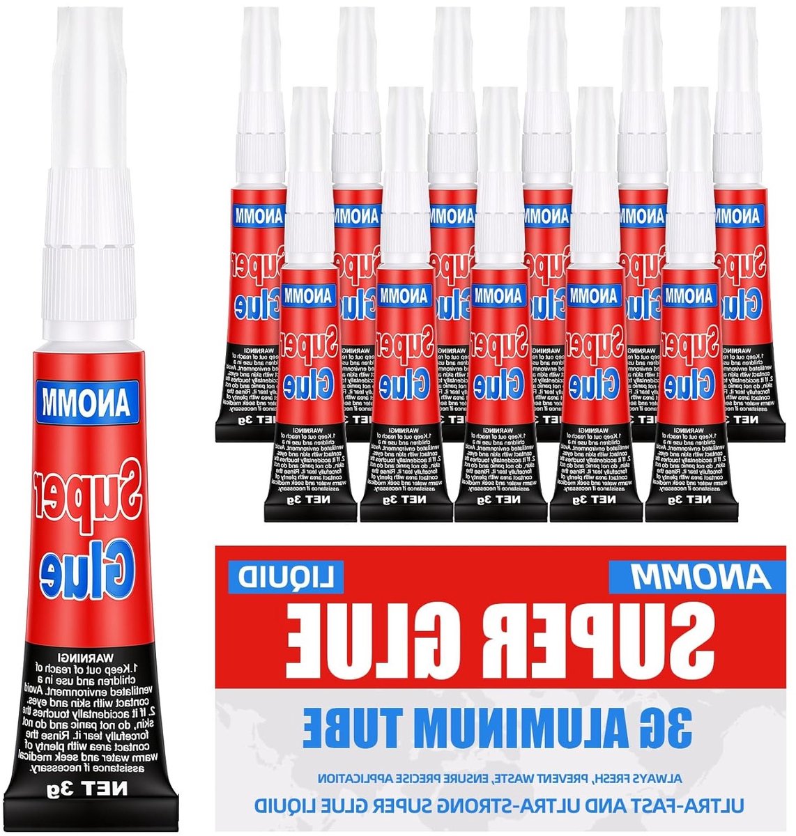 12-pack universele secondelijm, 3 gram tubes, voorkomt verstopping, ideaal voor plastic, rubber, leer, metaal en keramiek, sterke en snelle hechting