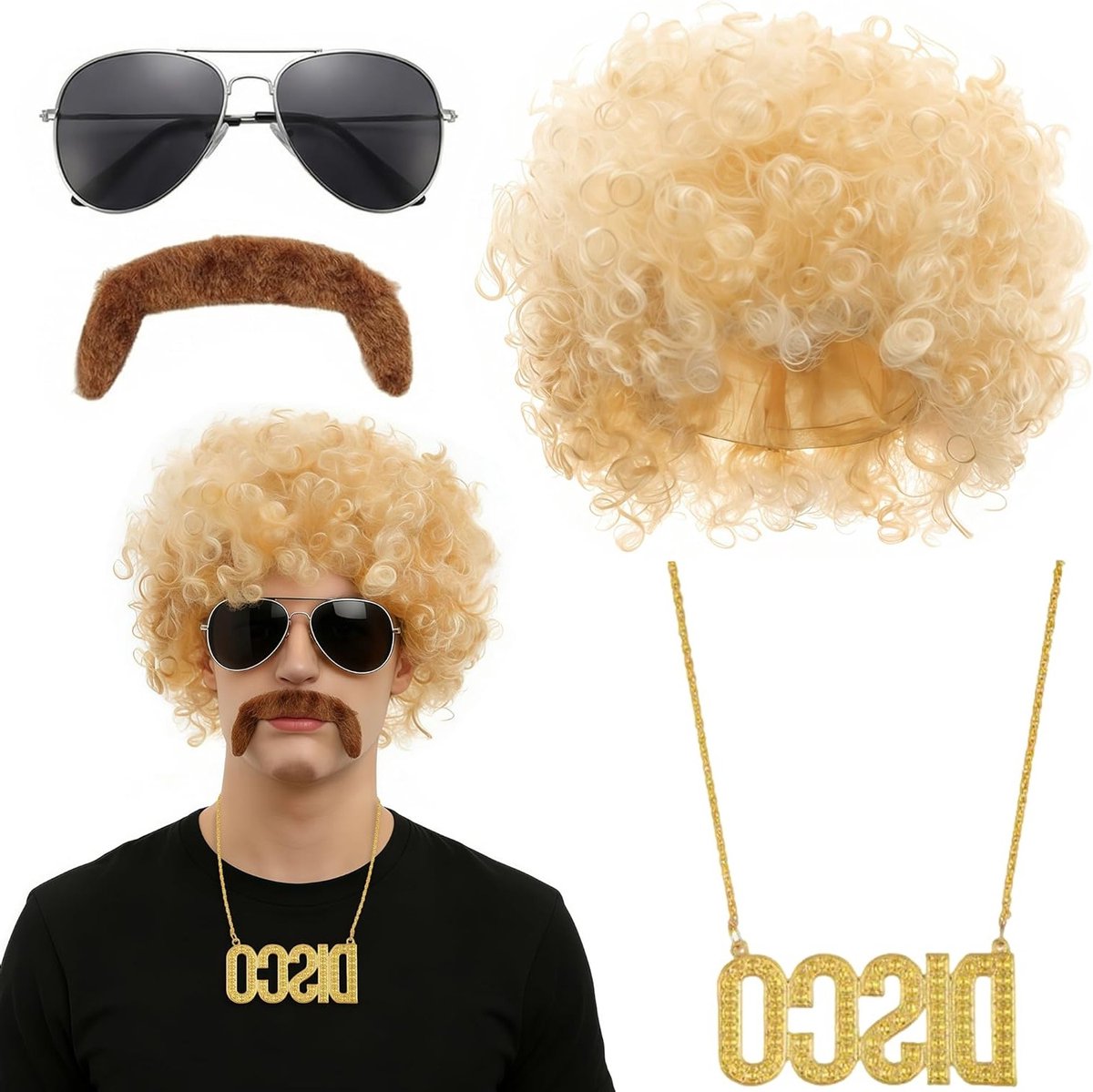 Retro Disco Kostuum voor Mannen met Perücke, Zonnebril en DISCO Ketting voor Carnavalsfeesten en Themafeesten (Licht Goud)