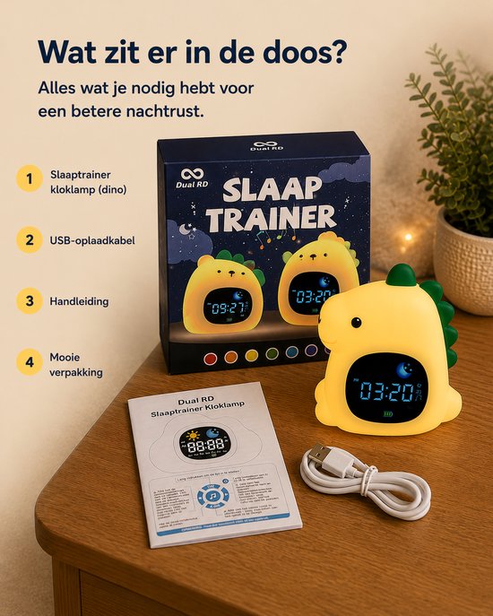 Gele dinosaurus slaaptrainer, USB-oplaadkabel en handleiding in de verpakking. Met digitale tijdsaanduiding.