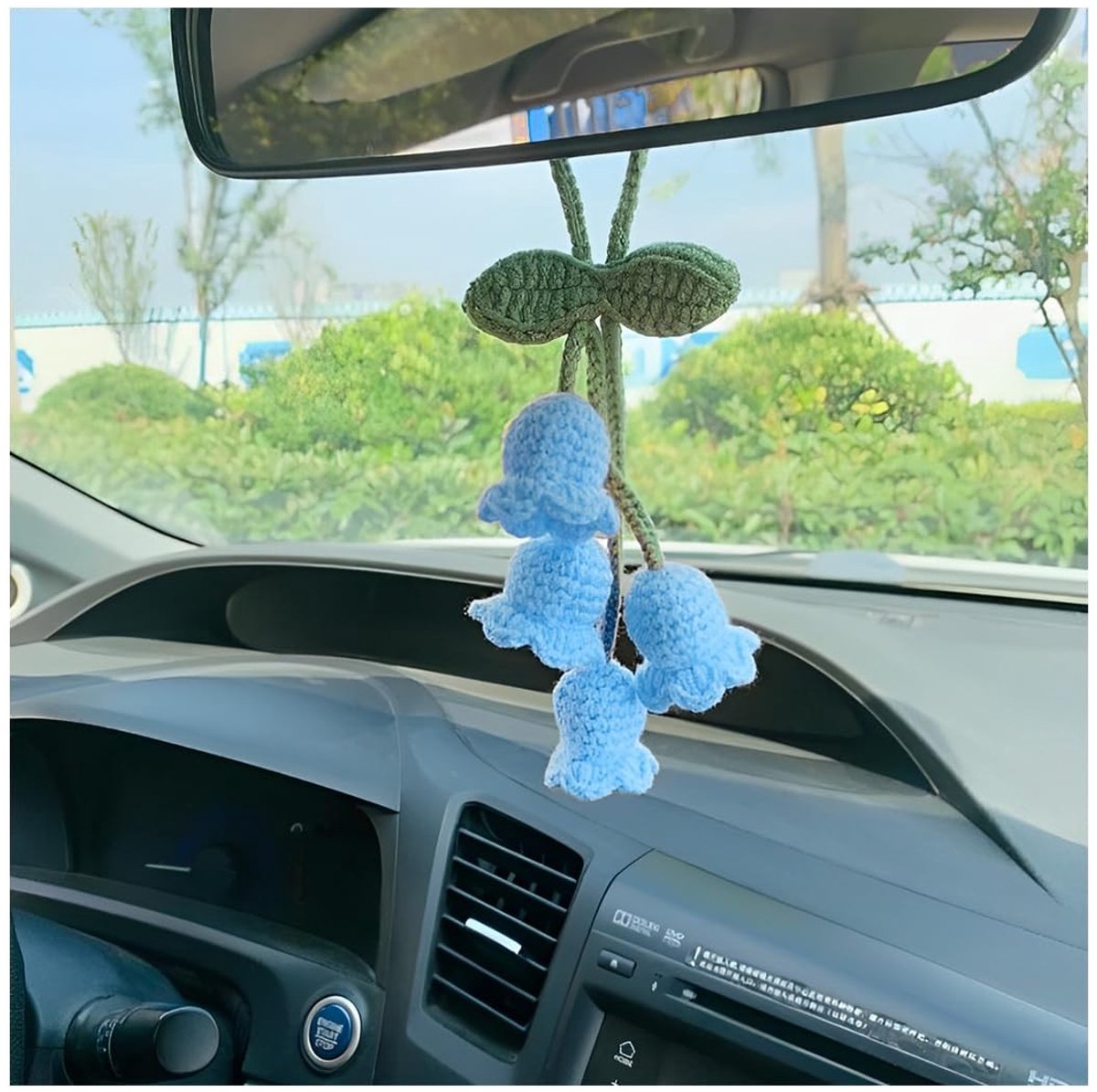 Dailygoods - Dailygoody - Autospiegelhanger - Handgebreid - Bloem - Blauw - Autodecoratie - Unieke stijl voor auto accessoires
