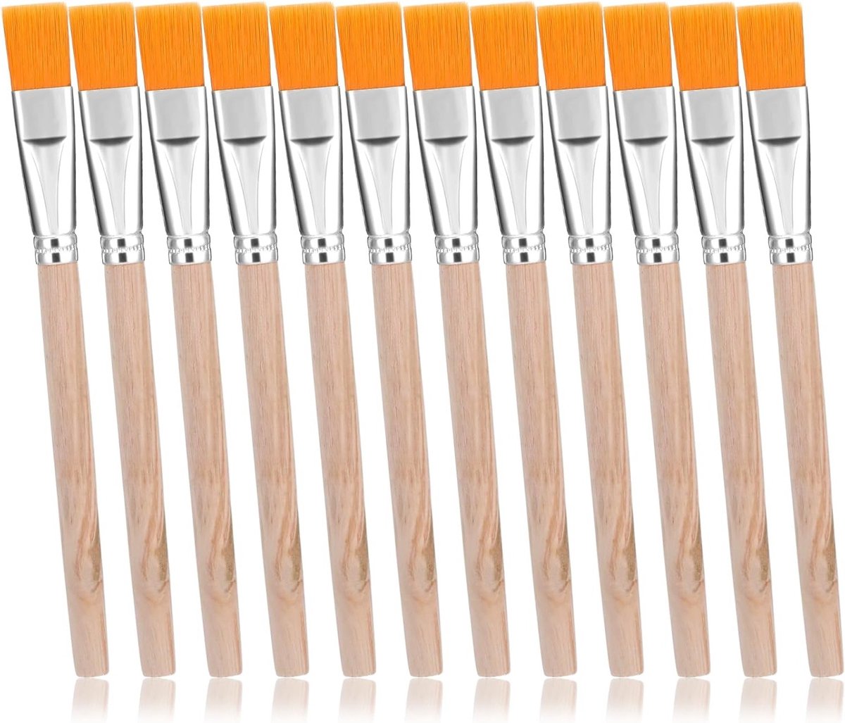 Set van 12 platte penselen met houten handvatten voor lichaam, gezicht, stenen en canvas - ideaal voor beginners en kunstliefhebbers