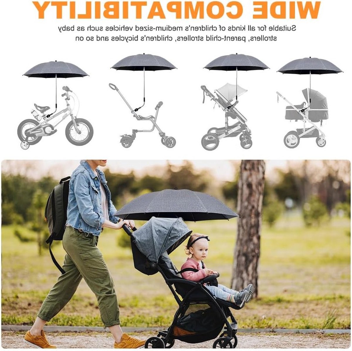 UV Beschermende Parasol voor Kinderwagens, Universele Parasol voor Buggy's, Geschikt voor Ronde en Ovale Buizen, Diameter 82 cm