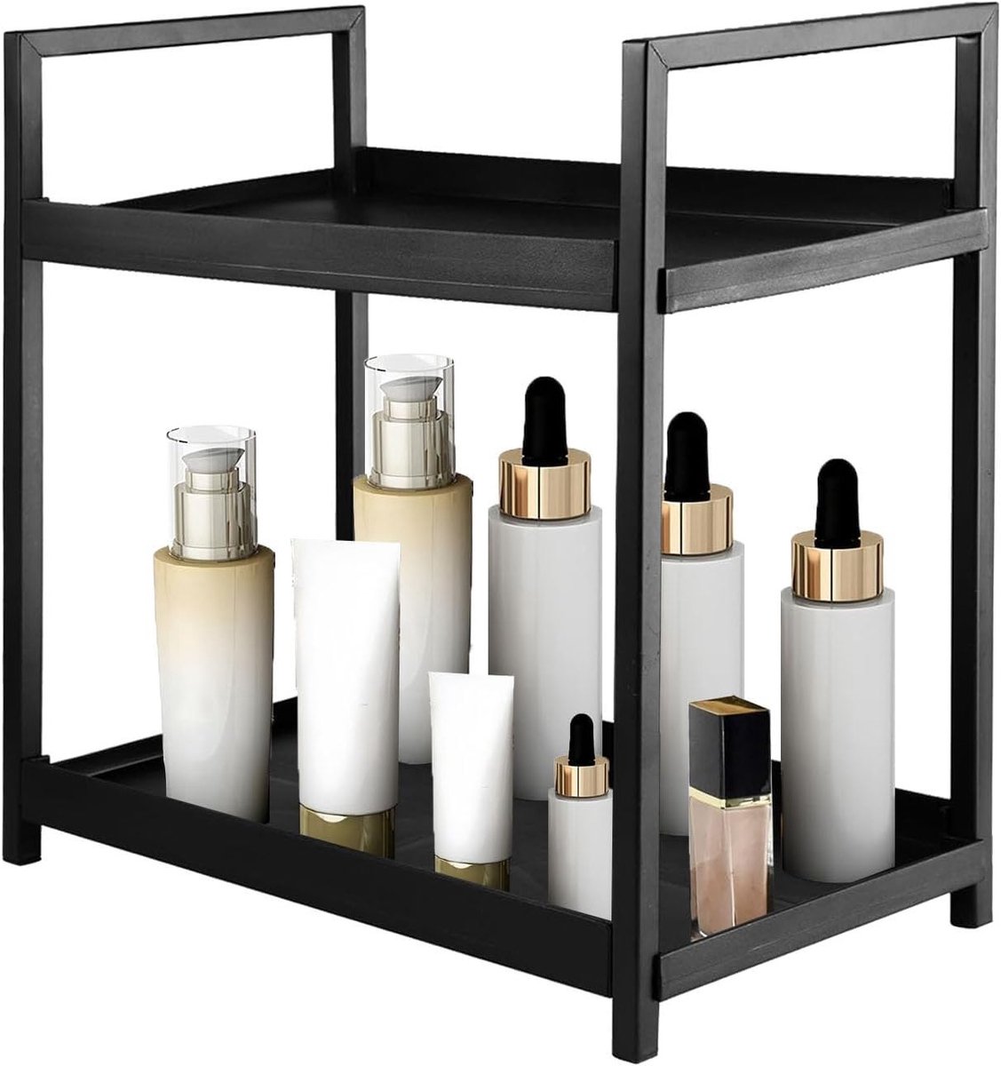 2-laagse Metalen Organizer voor Badkamer en Keuken, 30 x 30 x 17 cm, Carbon Staal, Perfect voor Parfum en Make-up Opslag, Zwart