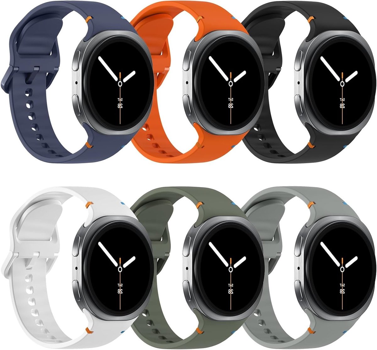6-Pack Sport Bands voor Samsung Galaxy Watch 8 en 8 Classic - Zachte Siliconen Vervangbanden voor Dames en Heren, M/L, Comfortabel en Duurzaam