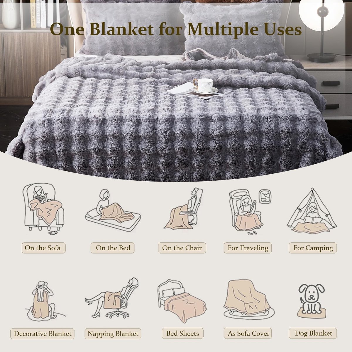 Dailygoody - Luxe pluche deken - Superzachte imitatiebont - Warm en gezellig - Donkergrijs - Lichtgewicht dekens - Perfect voor bank en bed - 100 x 16