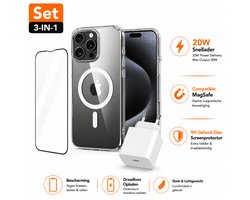Compatible MagSafe Hoesje Geschikt voor iPhone 16 Pro + Screenprotector + Snellader Adapter Oplader – Transparant Telefoonhoesje met Magneet – USB-C Snellader 20W – Complete 3 in 1 Bescherming en oplaad set