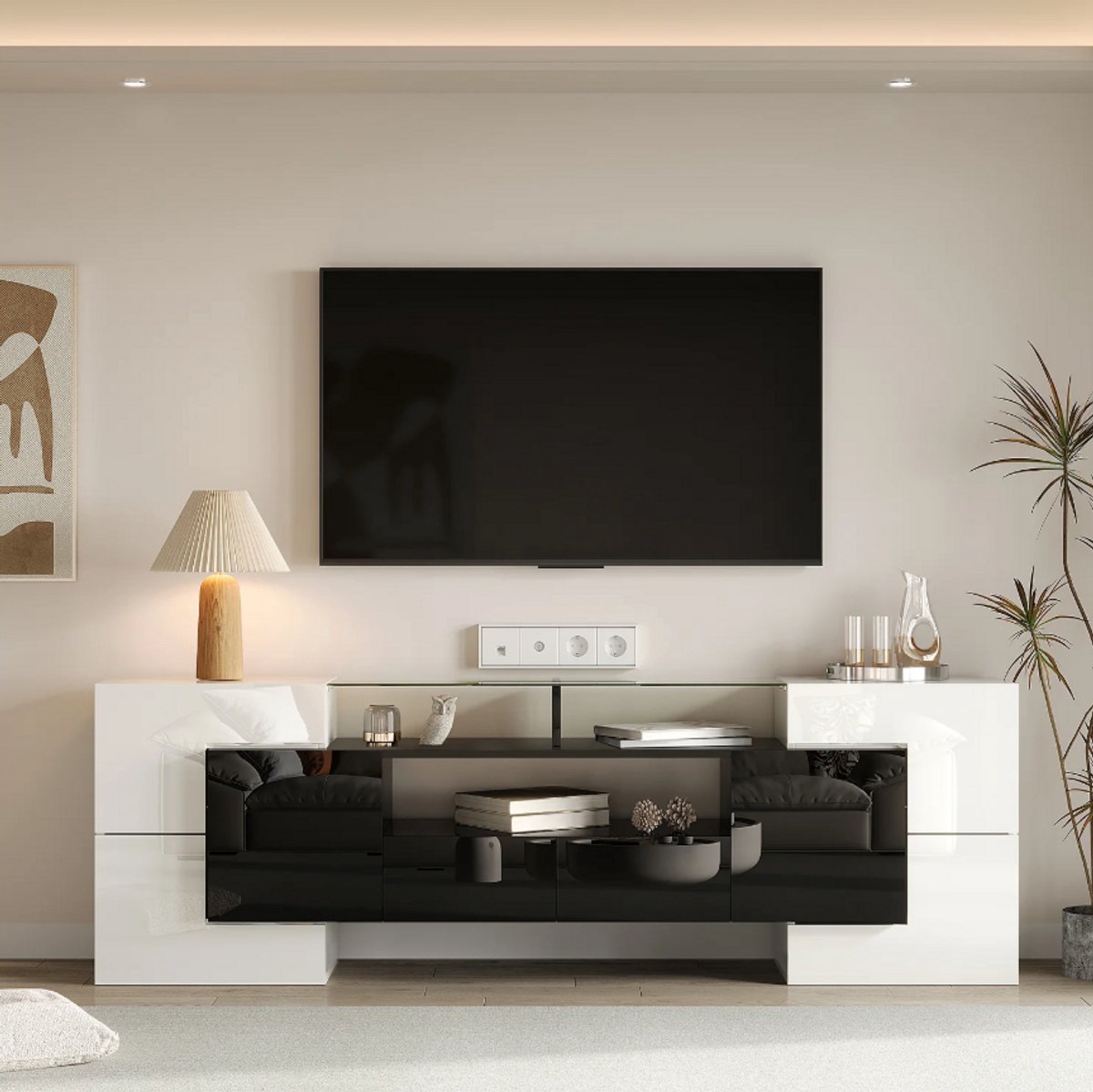 TV-meubel 200 cm Hoogglans Wit en Zwart met LED Verlichting - Modern TV Kast Design met 4 Deuren en Lades - Furnitureland