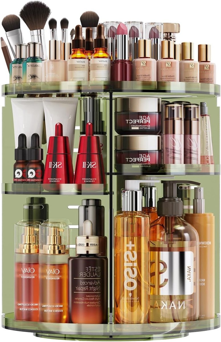 Make-up organizer met 9 verstelbare niveaus en 360° draaibare opslag voor make-up op de kaptafel, groen en functioneel