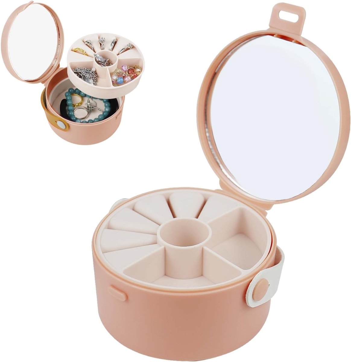 Reisjuwelendoosje Rond en Compact met Spiegel, Draagbare Organizer voor Ringen, Oorbellen en Armbanden, Perfect voor Reizen en Thuisgebruik