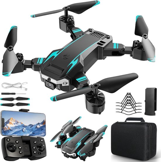 Zwarte en blauwe drone, opgevouwen, controller, accessoires en opbergkoffer.