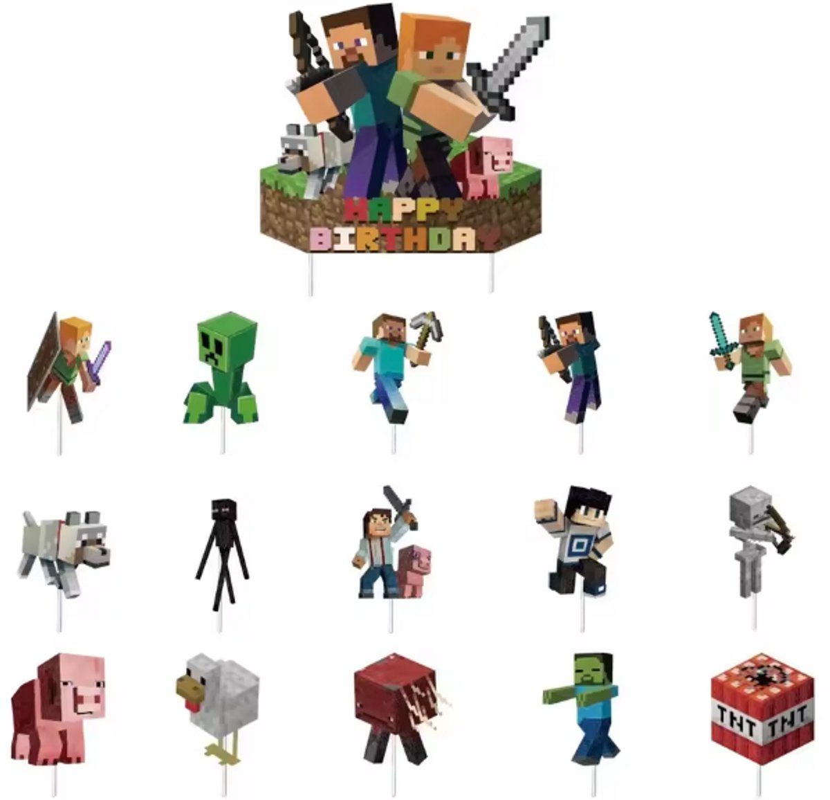 Taartdecoratie Set Minecraft - 16 stuks - Taarttopper - Cupcake toppers