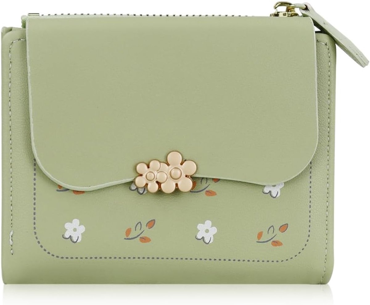 Vrouwelijke kleine tas met schattige bloemen, opvouwbaar en compact met ID-venster, groen en modern design
