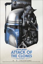 Star Wars Attack of the Clones Episode II poster met Mandalorian helm, Yoda, Anakin Skywalker, Obi-Wan Kenobi en stormtroopers.