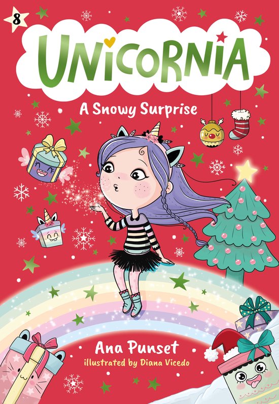 Boekomslag van Unicornia: A Snowy Surprise. Een meisje met paars haar, hoorns en een gestreepte top zit op een regenboog, omringd door cadeaus en sneeuwvlokken.