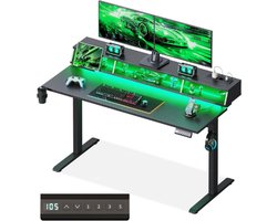 Elektrisch Gaming Bureau 140 Cm - In Hoogte Verstelbaar - RGB LED Verlichting En Stopcontacten - Met Opbergruimtes - Bekerhouder En Headset Haak - Carbon Look Werkblad - Zwart