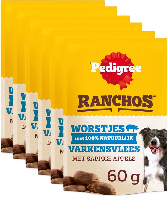 Lot de 7 paquets de saucisses Pedigree Ranchos au porc et aux pommes juteuses.