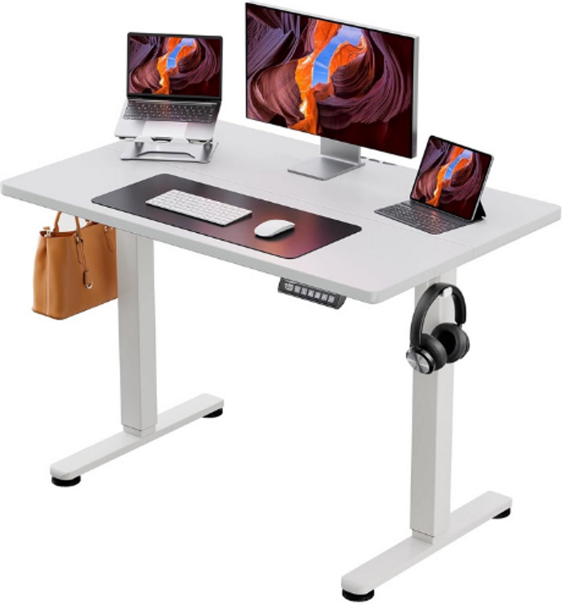 Elektrisch Sta Zit Bureau 100 X 60 Cm - In Hoogte Verstelbaar - Slim Bedieningspaneel Met 4 Geheugenstanden - Compact Split Werkblad - Inclusief Tas Haak - Ideaal Voor Thuiskantoor