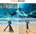 Vier afbeeldingen: drijvende staaf, onderwater selfie stick, statief op zand, hand met grip.