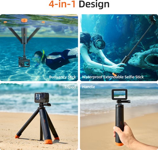 Vier afbeeldingen: drijvende staaf, onderwater selfie stick, statief op zand, hand met grip.