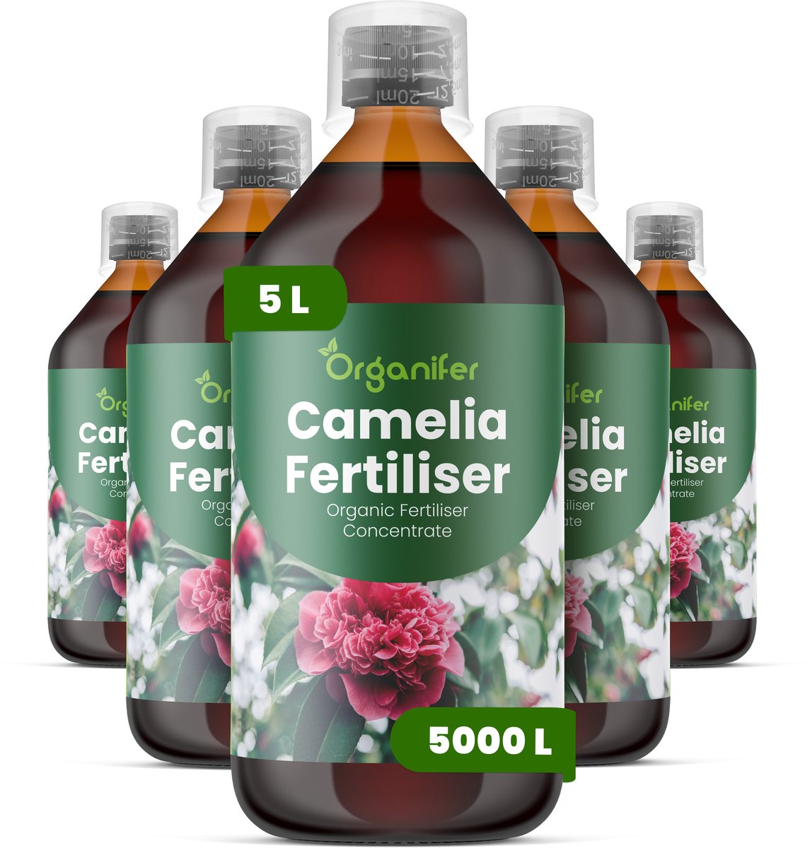 Vloeibare Meststof Voor Camellia 5X1 L Voor 5000 L - Npk 3-4-3 - Knopvorming - Rijke Bloei - Sterk Wortelstelsel - Koel Seizoensstress - Bladglans - Kleurintensiteit - Groenblijvende Vitaliteit - Langdurige Bloei - Organifer