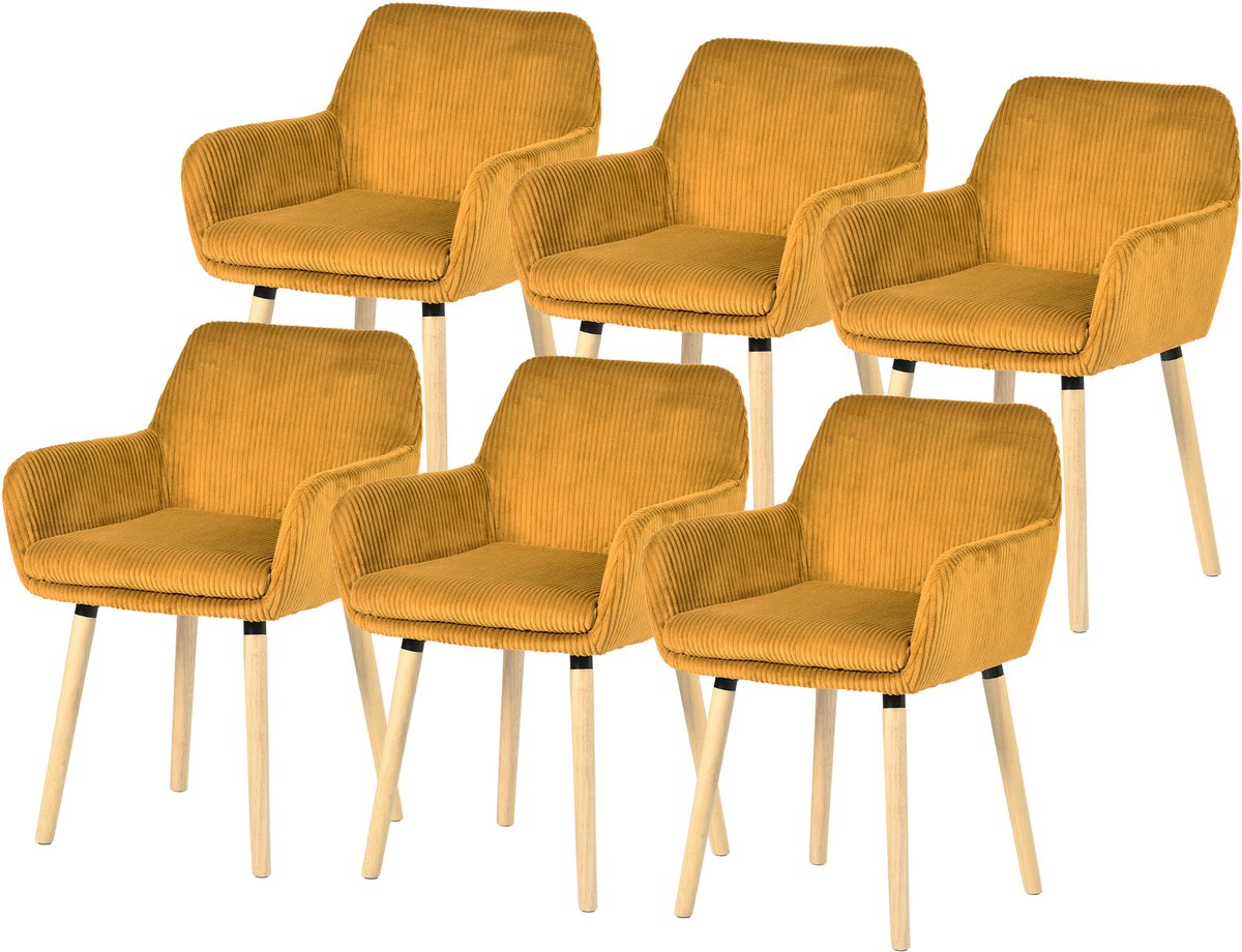 MEUBLE COSY Meubles Cosy Eetkamerstoel - Set Van 6 Fluweel Ribstof Houten Poten Scandinavisch Design - Geel