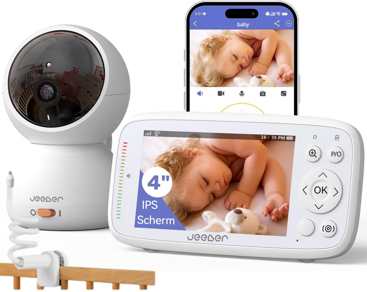 Wifi Babyfoon met Camera en Audio - Pan-Tilt-Zoom-Videocamera - 4-Inch IPS-Scherm - HD-Nachtzicht - Bewegings & Huilherkenning - 360°-Beeld - Temperatuursensor - Voedingsherinnering - Slaapliedjes - Inclusief Flexibele Houders