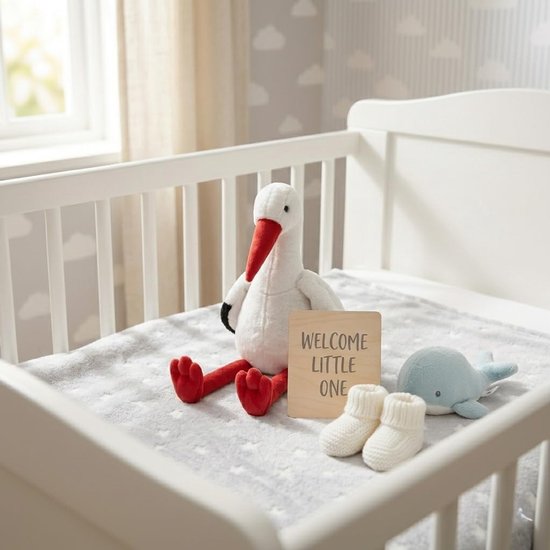 Knuffel Ooievaar - Pluche Vogel - Geboorte Cadeau - Traditionele Babydrager - 21 cm zittend - Wit Zwart Rood — afbeelding 2