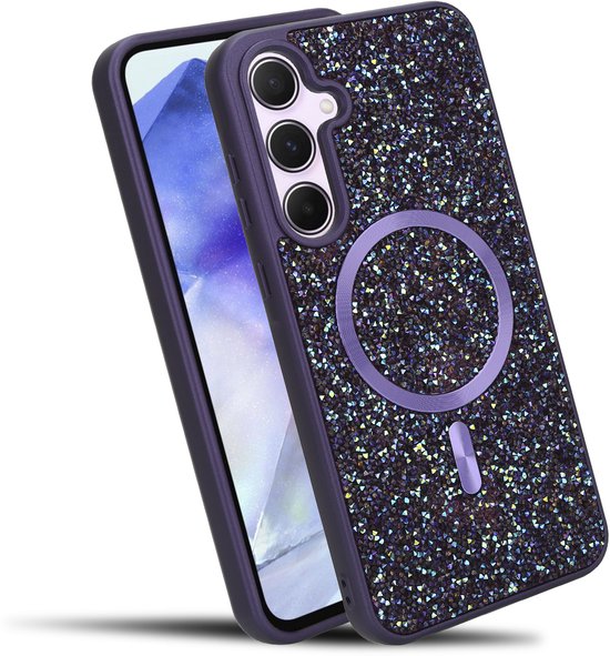 Coque de téléphone violette à paillettes avec anneau magnétique, téléphone en arrière-plan.